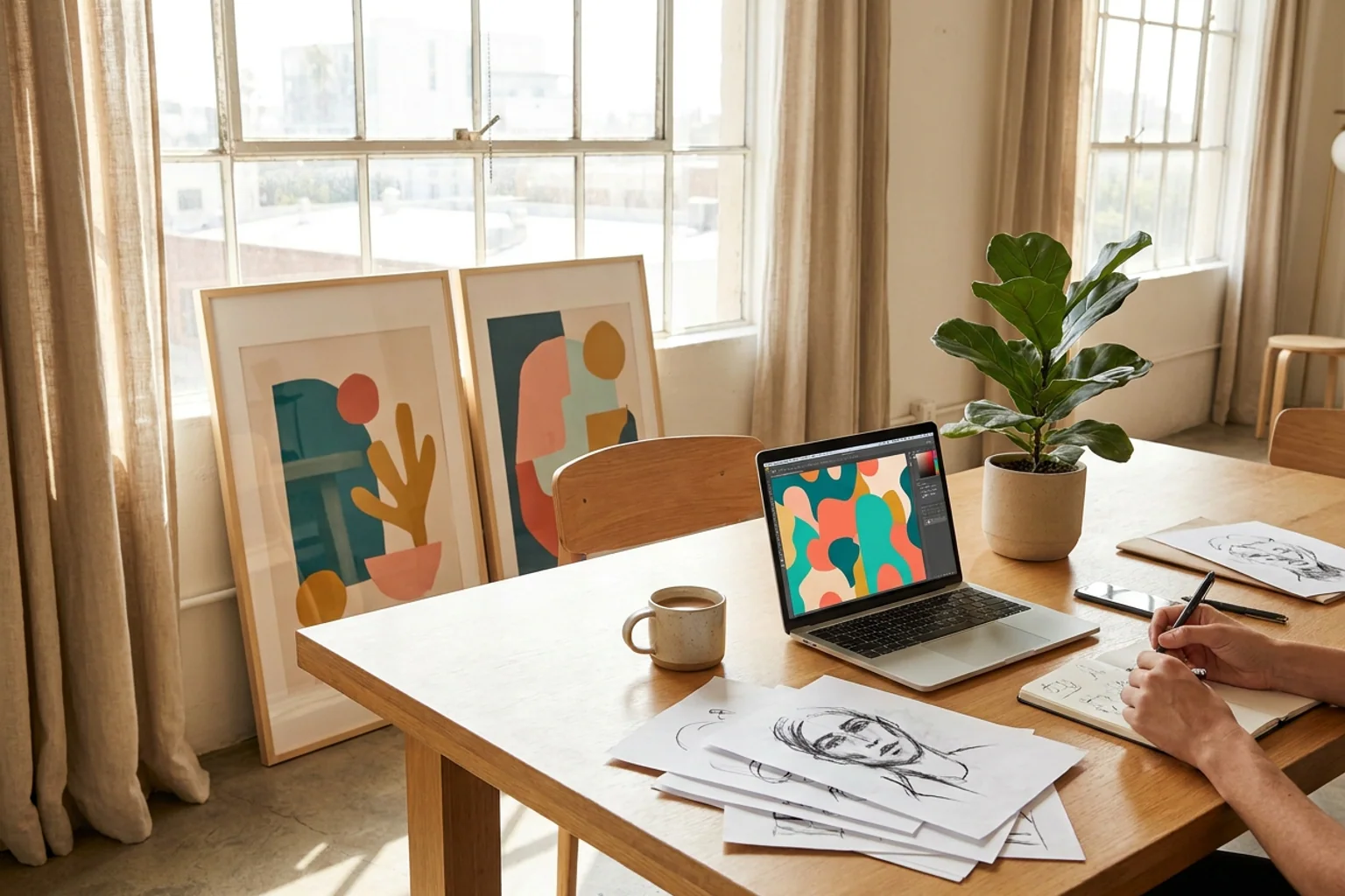 Sunlit graphic design studio by a window, with an open laptop, leaning printed posters, sketches, and a coffee