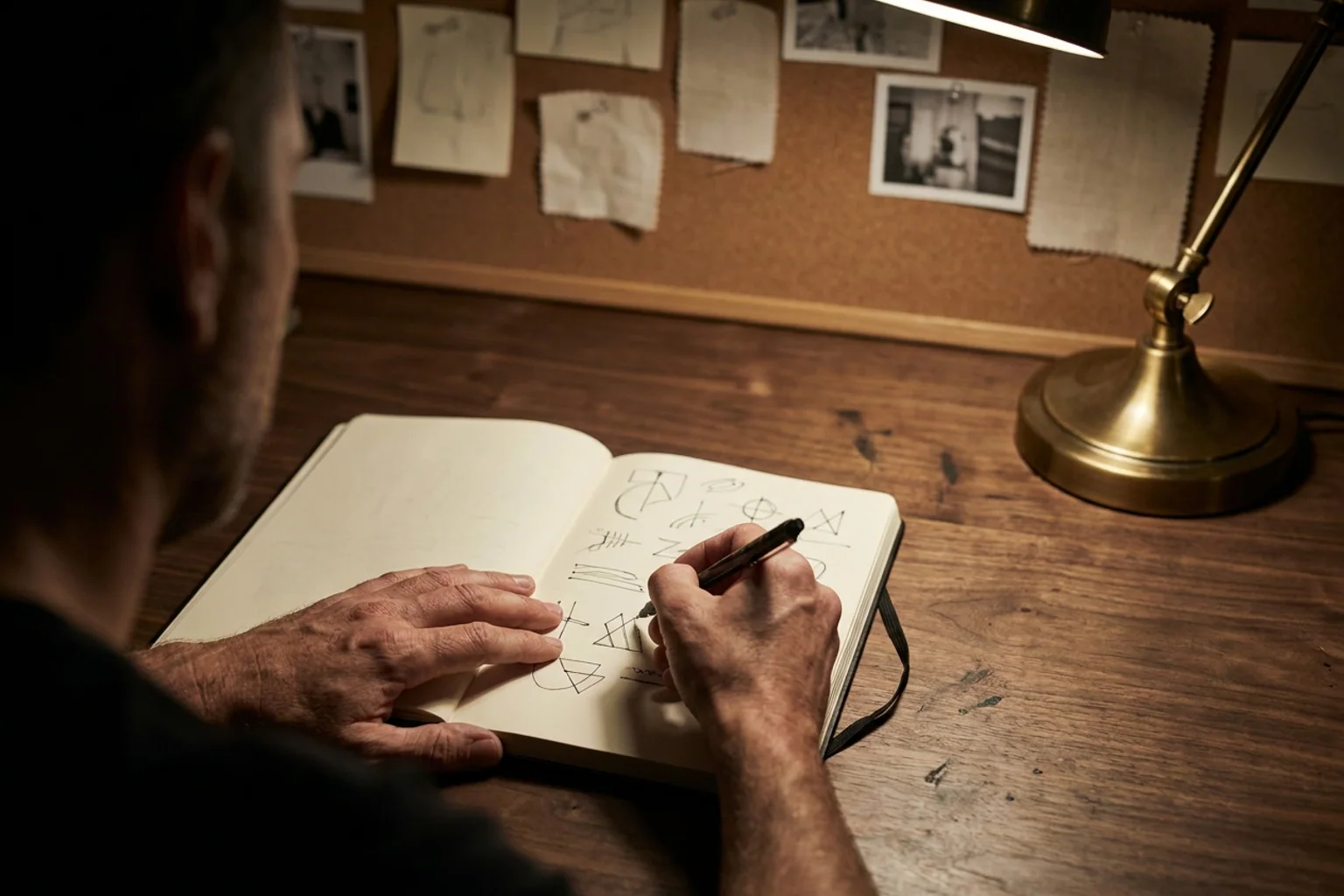 Hands sketching brand concepts in a notebook at a walnut desk, a wall of pinned references softly behind