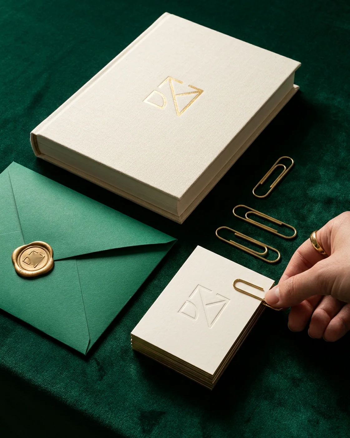 An elegant hardcover brand guide, embossed cards, and a wax-sealed folder on a deep emerald surface