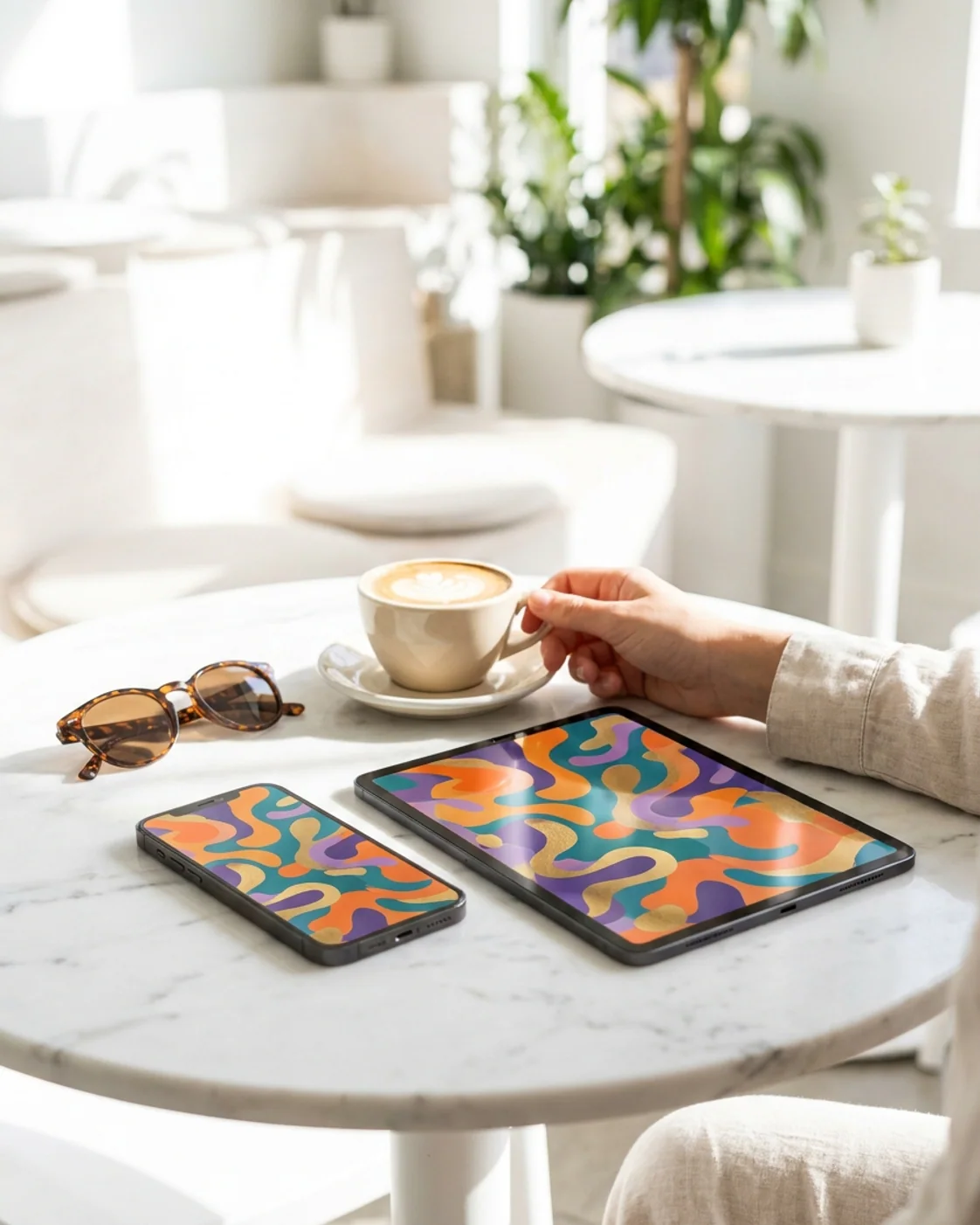 A phone and tablet on a sunlit marble cafe table, screens glowing with a colorful social campaign