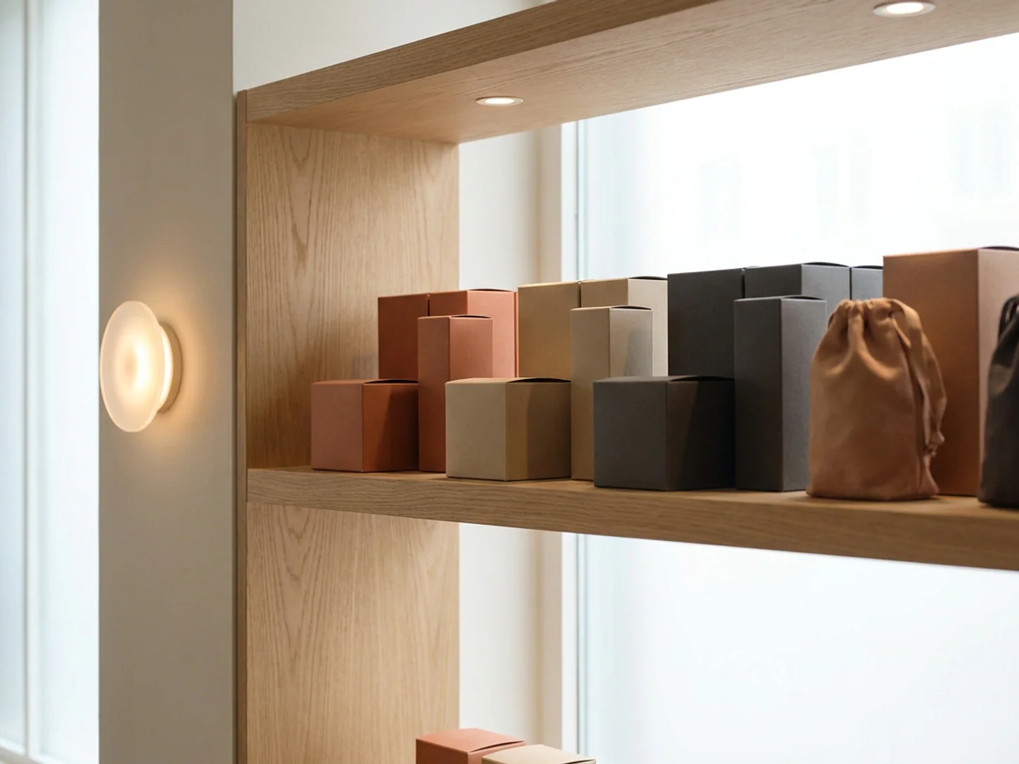 Designed product boxes and pouches on a boutique retail shelf beside a small illuminated wayfinding sign