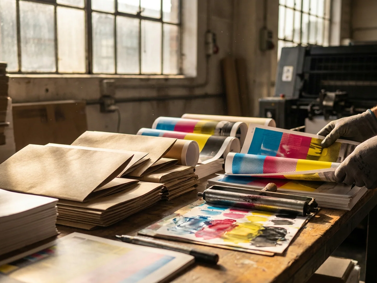 Freshly printed brochures and posters stacked on a wooden print-shop table beside an ink roller and swatches
